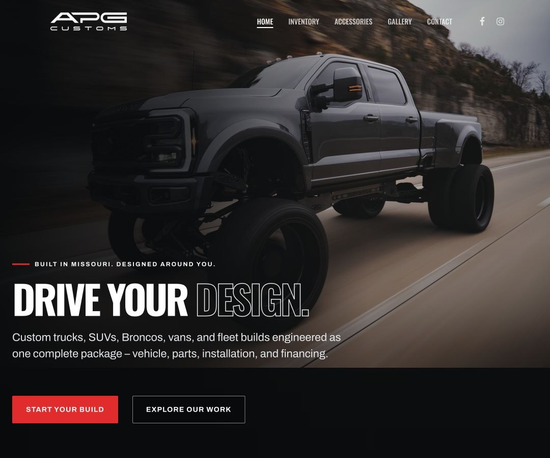APG Customs website featuring lifted trucks and custom vehicle builds