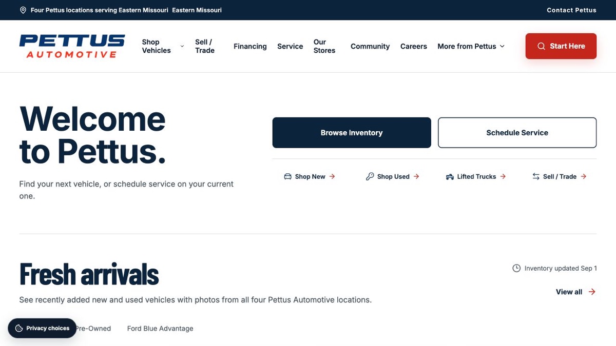 Pettus Automotive live homepage with Welcome to Pettus headline and inventory and service actions