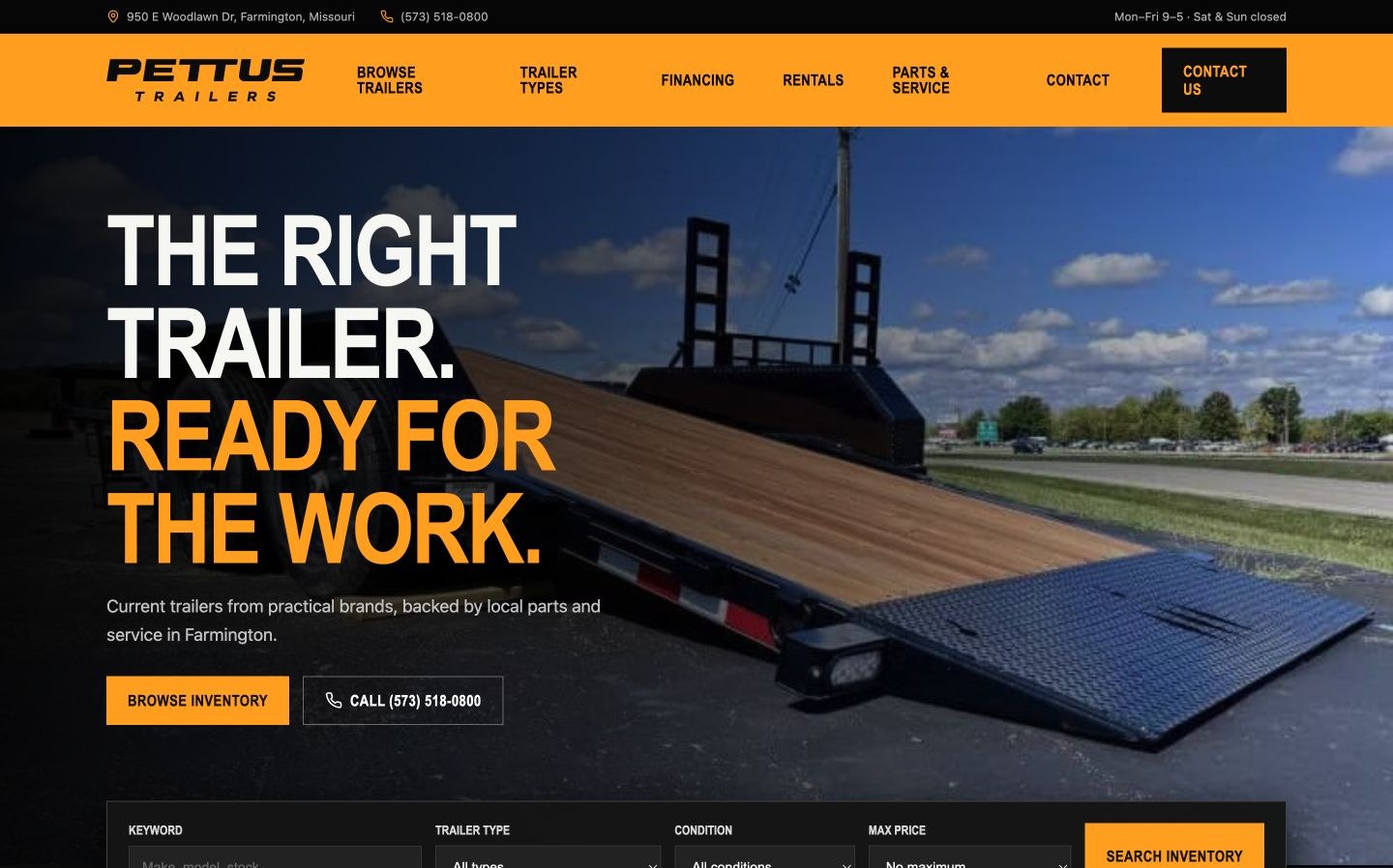 Pettus Trailers website showing trailer inventory and shopper actions