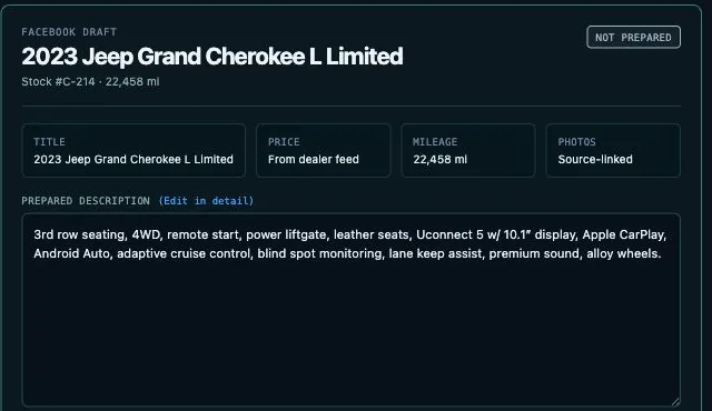 DealerLister review screen with source-linked vehicle facts and a prepared Marketplace description